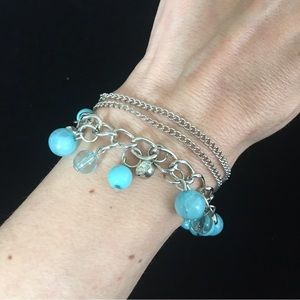 Blue Beaded Silver Tone Layered Chain Bracelet